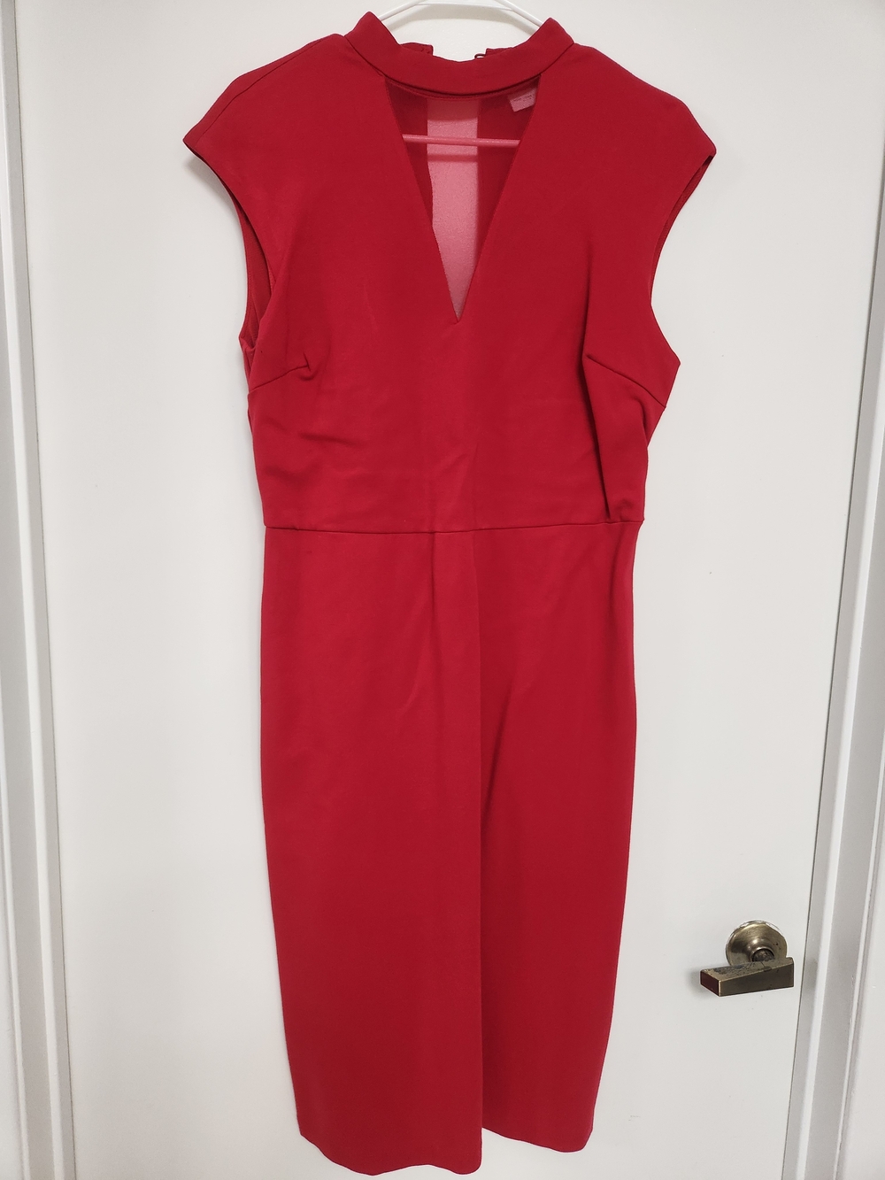 New York & Company Red V-Neck Midi Sheath Dress